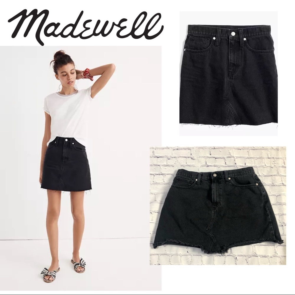 Madewell Black Denim Distressed Raw Hem Mini Skirt Size 31